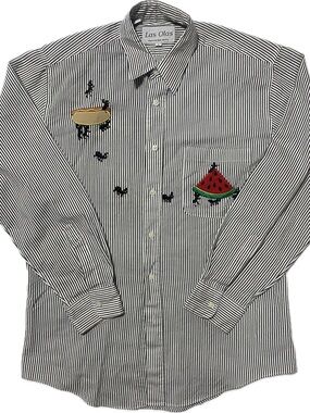 Las Olas Black & White Striped Button-Down Shirt with Embroidered Motifs